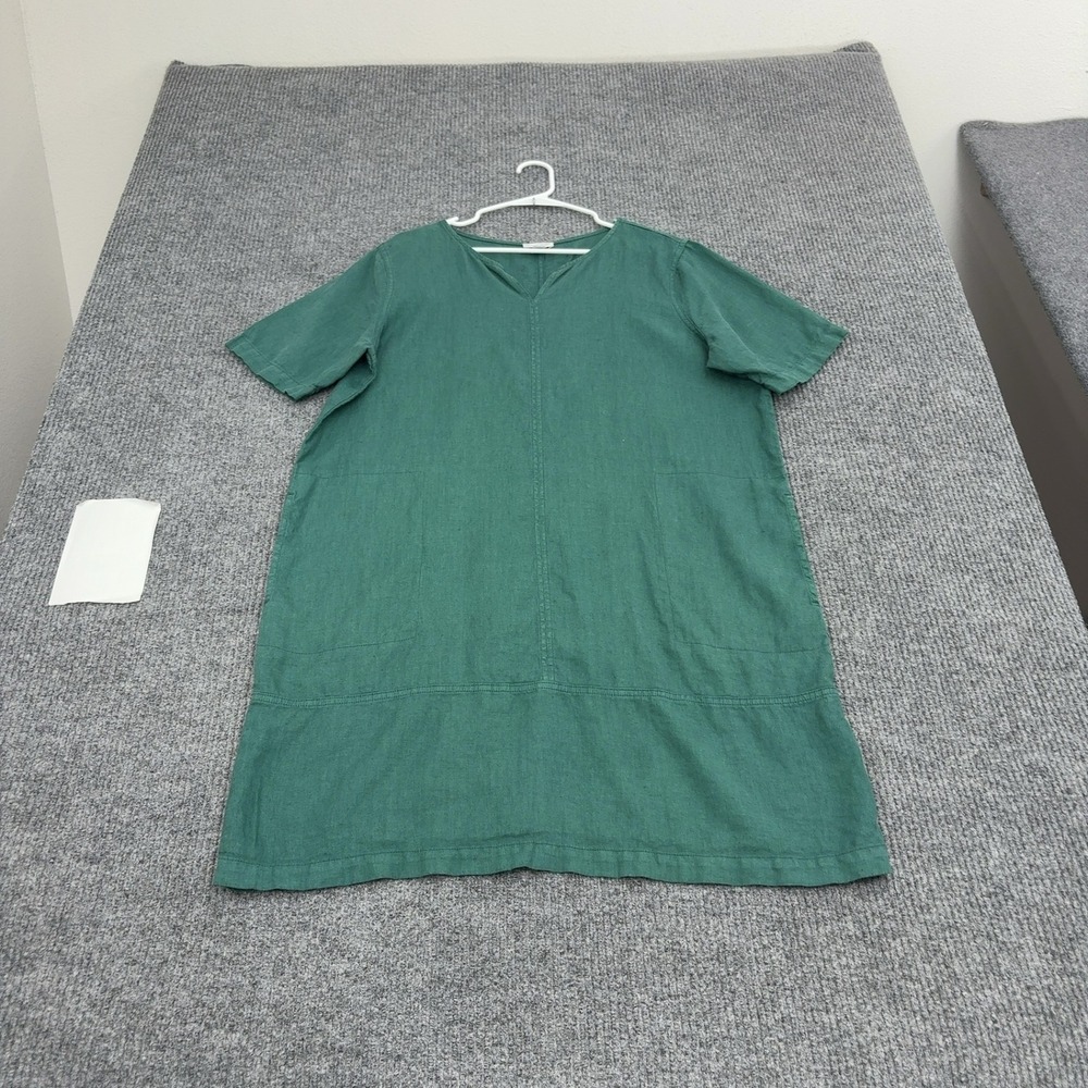 Pure Jill Dress Womens L Green Linen Short Sleeve V-Neck Shift Casual Summer